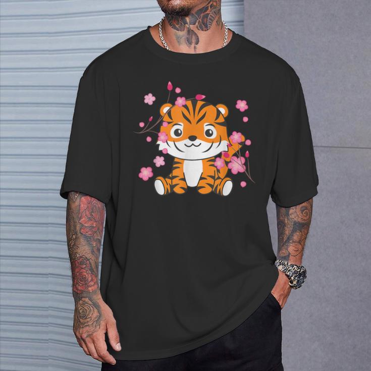 Tigre Animaux Mignons Pour Enfants Kawaii Fleurs De Cerisier T-Shirt Cadeaux pour lui