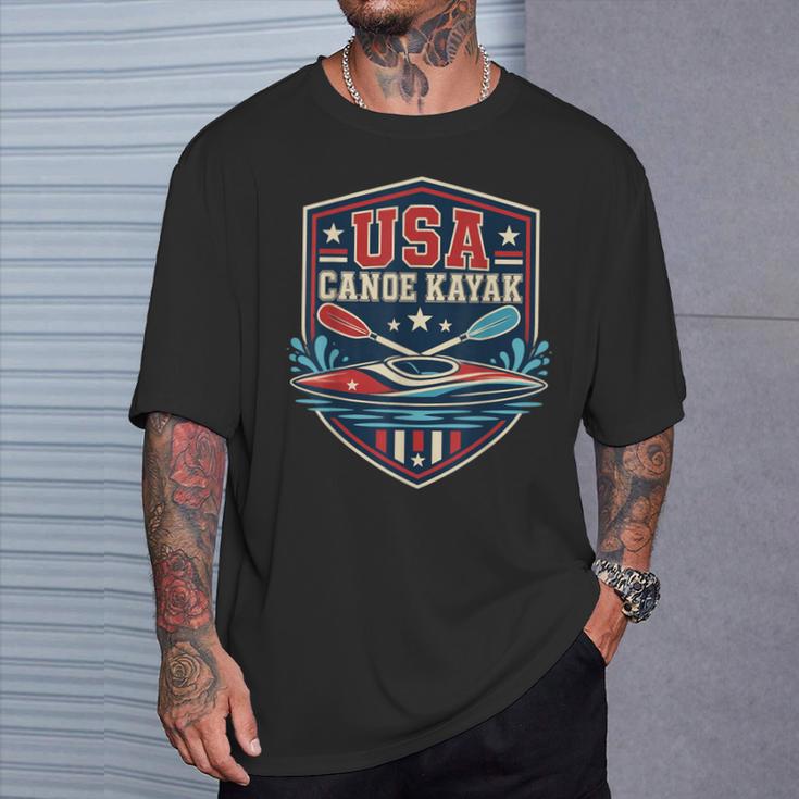 USA Canoe Kayak Paddling American Flag Emblem T-Shirt Gifts for Him