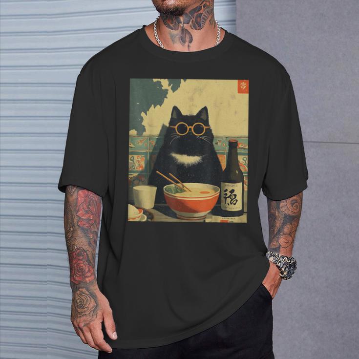 Vintage Giapponese Gatto Ramen Gatto Papà Retrò Divertente Grafica Donne Maglietta Regalos para él