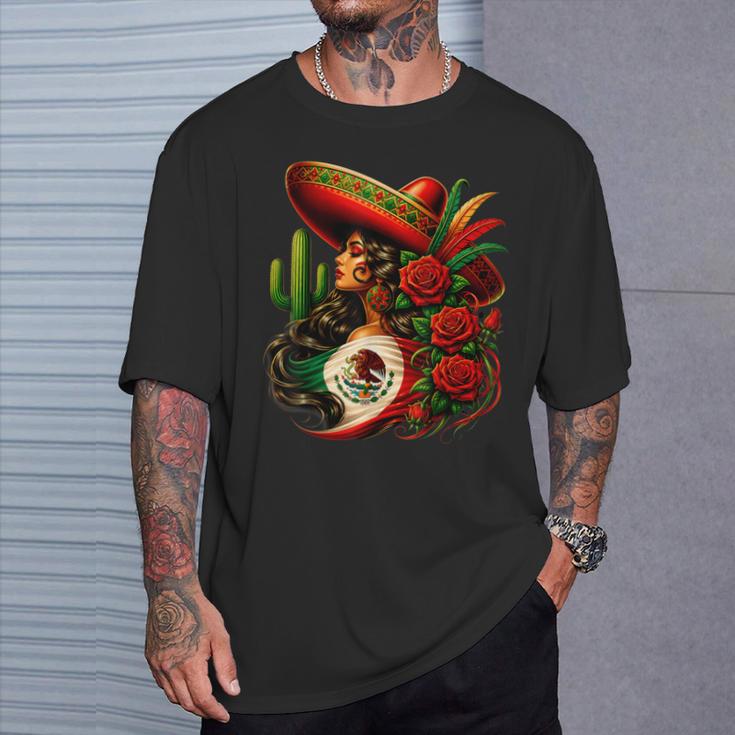 Viva Mexico Mexican Flag Floral Woman Sombrero Fiesta T-Shirt Gifts for Him