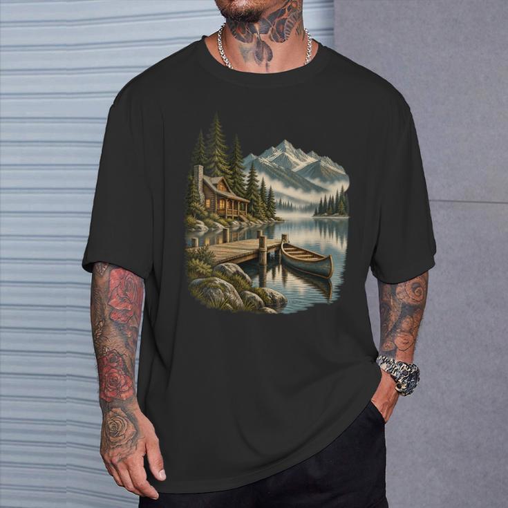Women's Lakeside Canoe Cabin Escape Scene T-Shirt Gifts for Him Women's Lakeside Canoe Cabin Escape Scene T-Shirt Gifts for Him