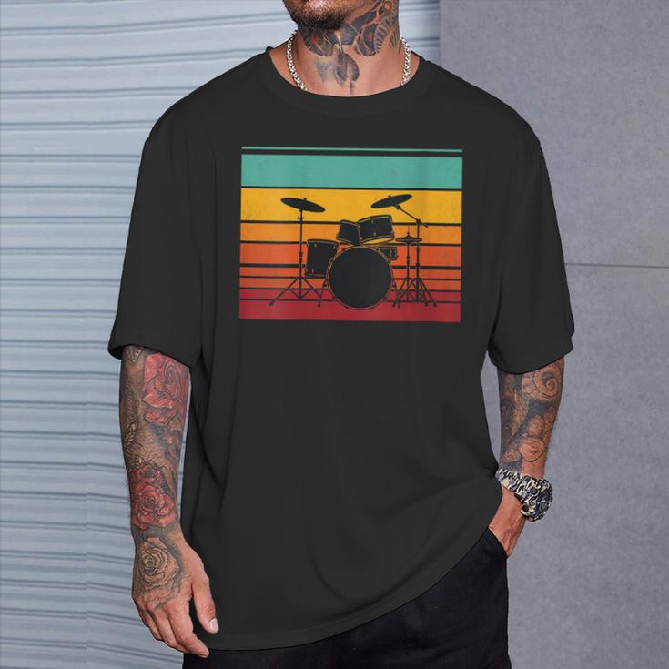 Women's Retro Drum Kit Silhouette With Color Stripes T-Shirt Gifts for Him