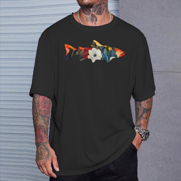 トラウト 魚 シルエット 花 ボタニカル フローラル Tシャツ 彼への贈り物