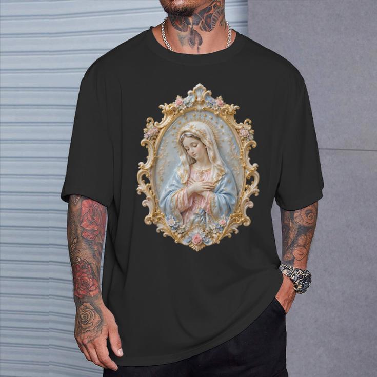 聖母マリア カトリック 祈り 花柄 神聖なアイコン 肖像画 Tシャツ 彼への贈り物