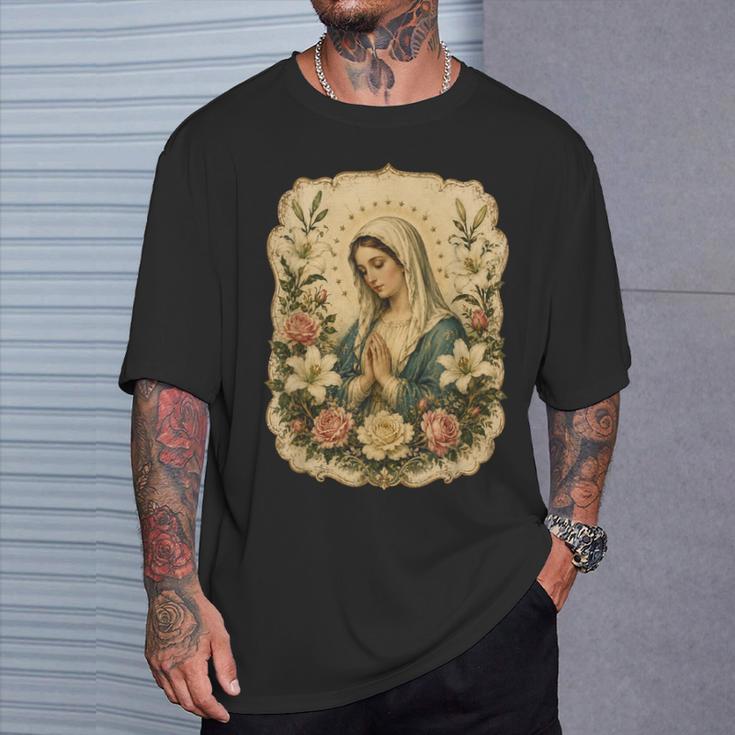 聖母マリアの祈り 花 カトリック 祈り 神聖な芸術 Tシャツ 彼への贈り物