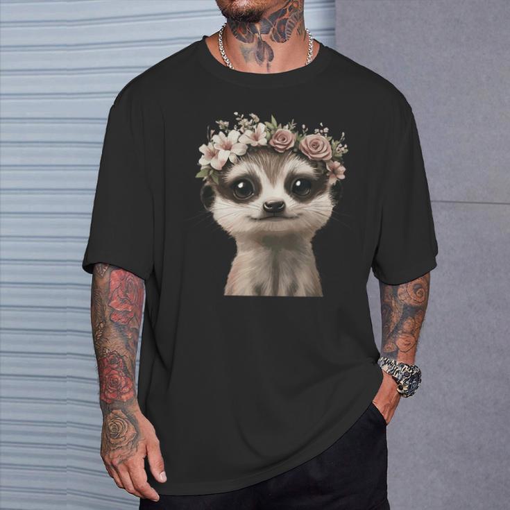 花柄クラウン付きのかわいいミーアキャット Tシャツ 彼への贈り物