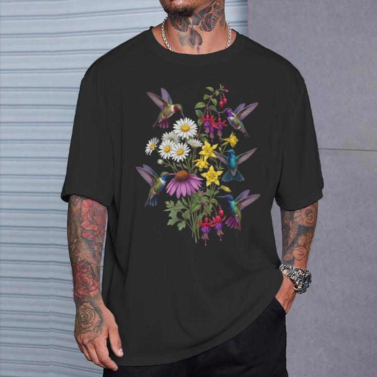 詳細なハチドリと野花ボタニカル。 Tシャツ 彼への贈り物