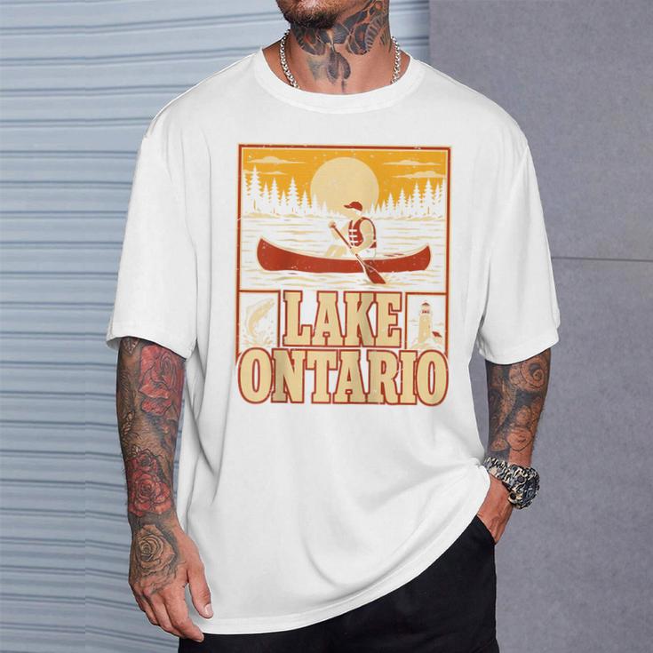 Lake Ontario Canoe Fishing Light House Sunset Retro Raglan Baseball Tee T-Shirt Gifts for Him Lake Ontario Canoe Fishing Light House Sunset Retro Raglan Baseball Tee T-Shirt Gifts for Him