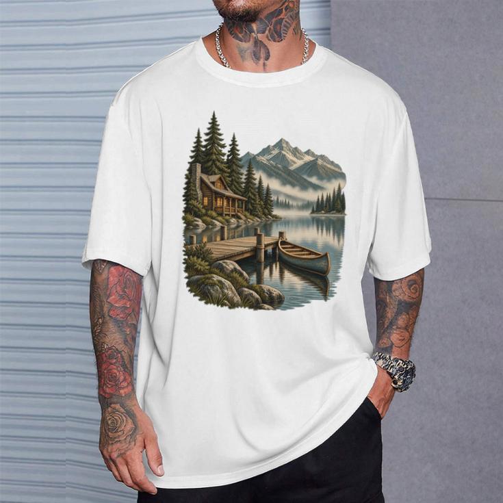 Lakeside Canoe Cabin Escape Scene T-Shirt Gifts for Him