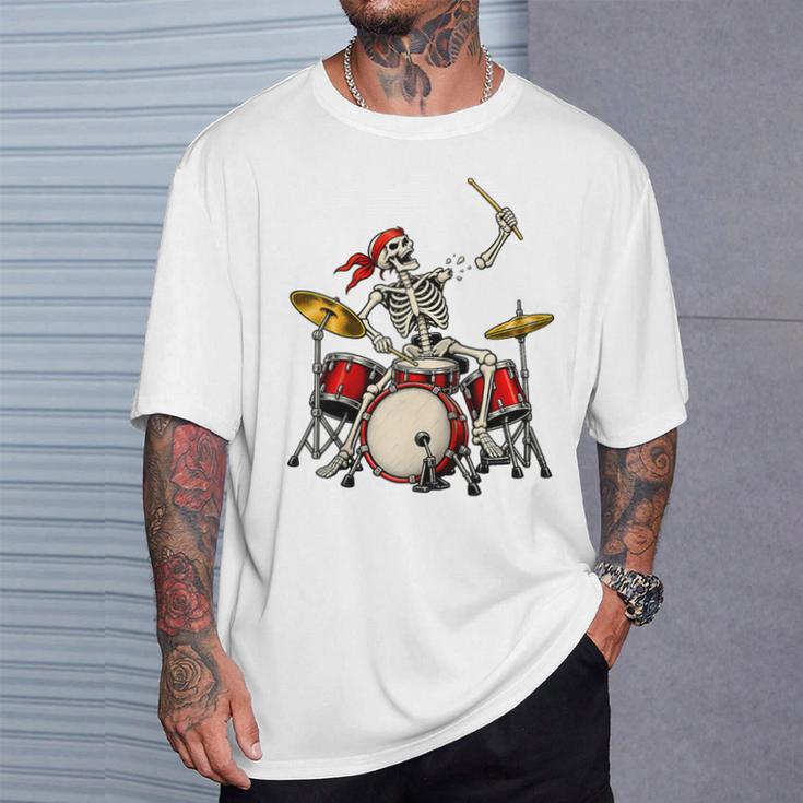 Skeleton Drummer Skull Drum Kit Halloween Raglan Baseball Tee T-Shirt Gifts for Him