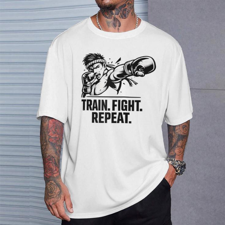 Train Fight Repeat Nak Muay Thai Boxing Fighter Raglan Baseball Tee T-Shirt Gifts for Him