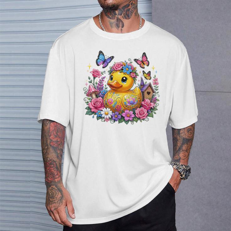 黄色いアヒルのイースター蝶の花のシー Tシャツ 彼への贈り物