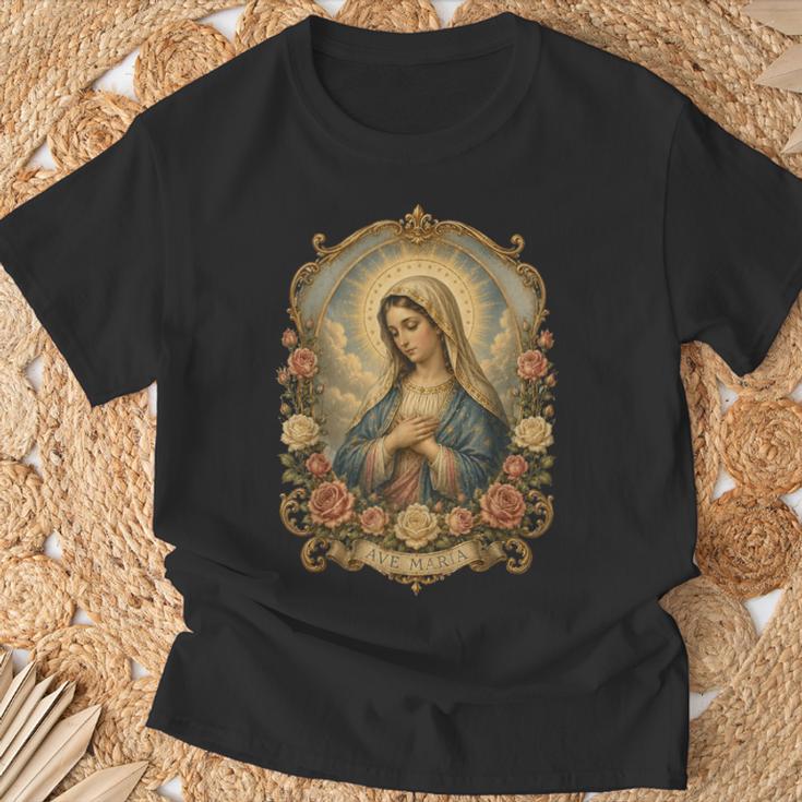 Ave Maria 聖母マリア 花柄 カトリック 祈りの肖像画 Tシャツ 高齢者への贈り物