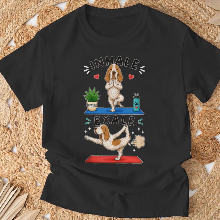 Bracco Italiano Haciendo Yoga Inhalar Exale Digor Divertido In Mangas Camiseta unisex Regalos para ancianos