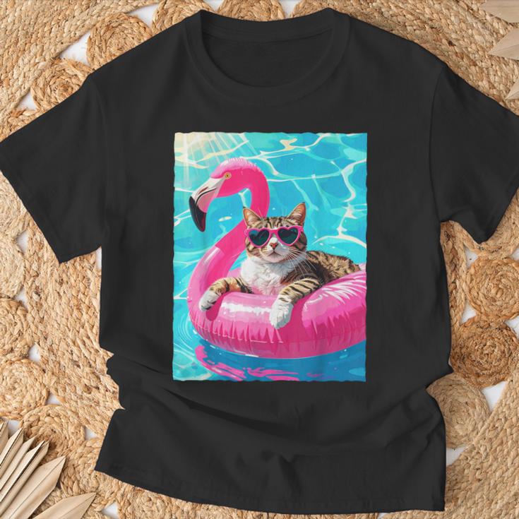 Gato Divertido Flamenco Rosa Flotador Gafas Corazónerano Camiseta unisex Regalos para ancianos