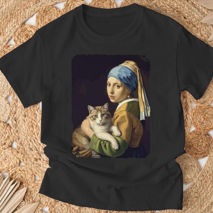 Girl With A Pearl Earring And A Cat 名画パロディ アート猫 長袖tシャツ Tシャツ 高齢者への贈り物