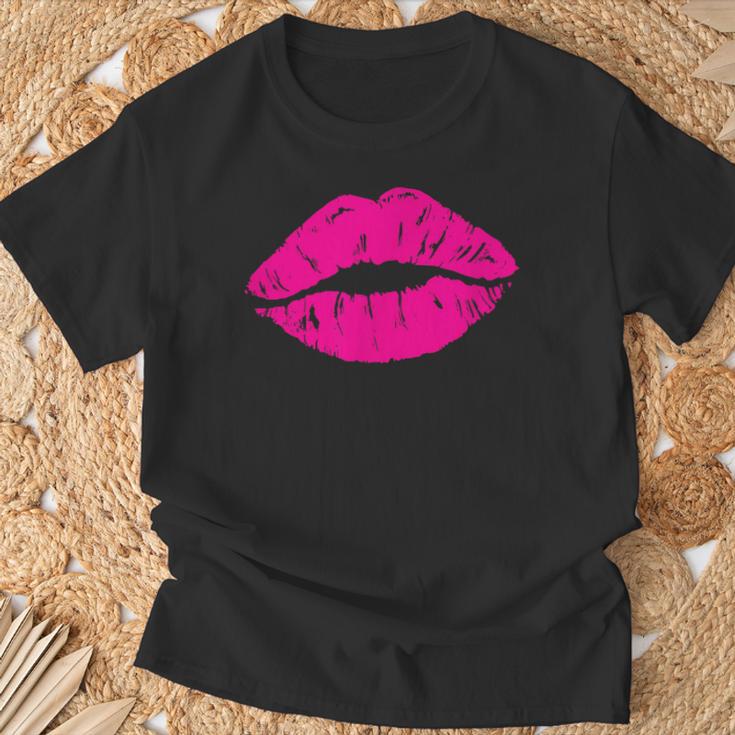 Lippenstift Print 80Er Jahre Hot Pink Lips Kiss Print Lippenprint T-Shirt Geschenke für alte Männer