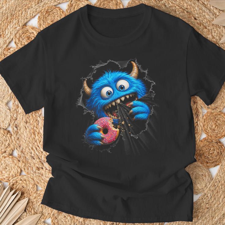 Monstruo Azul Peludo Con Donut Humor Goloso En Ilusión 3D Camiseta unisex Regalos para ancianos