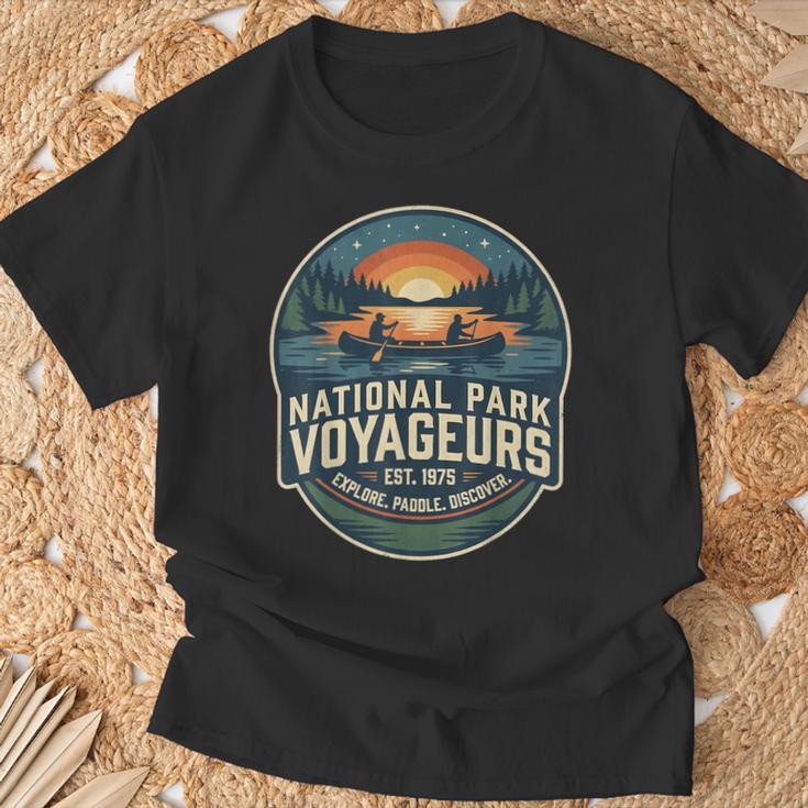 National Park Voyageurs Retro Sunset Canoe Paddling Badge T-Shirt Gifts for Old Men National Park Voyageurs Retro Sunset Canoe Paddling Badge T-Shirt Gifts for Old Men