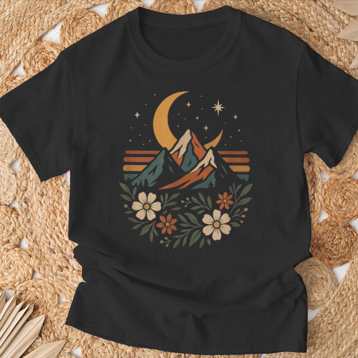 Retro Montaña Y Paisaje Floral Con Luna Camiseta unisex Regalos para ancianos
