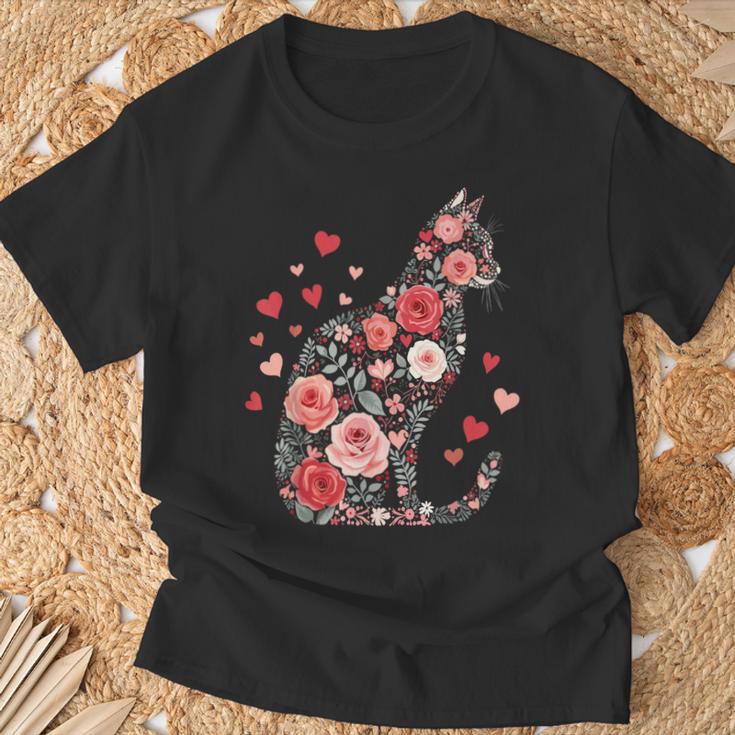 Süße Blumen Katze Für Katzen Besitzer Rosen Und Herzen T-Shirt Geschenke für alte Männer