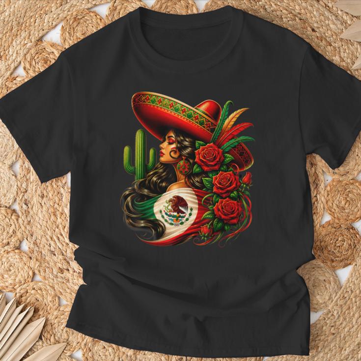 Viva Mexico Mexican Flag Floral Woman Sombrero Fiesta T-Shirt Gifts for Old Men