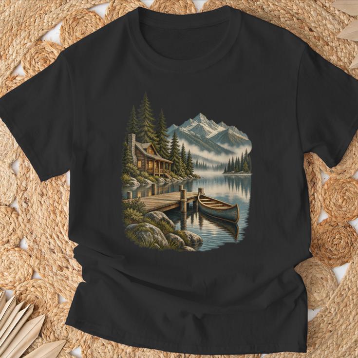 Women's Lakeside Canoe Cabin Escape Scene T-Shirt Gifts for Old Men Women's Lakeside Canoe Cabin Escape Scene T-Shirt Gifts for Old Men