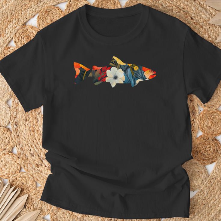 トラウト 魚 シルエット 花 ボタニカル フローラル Tシャツ 高齢者への贈り物