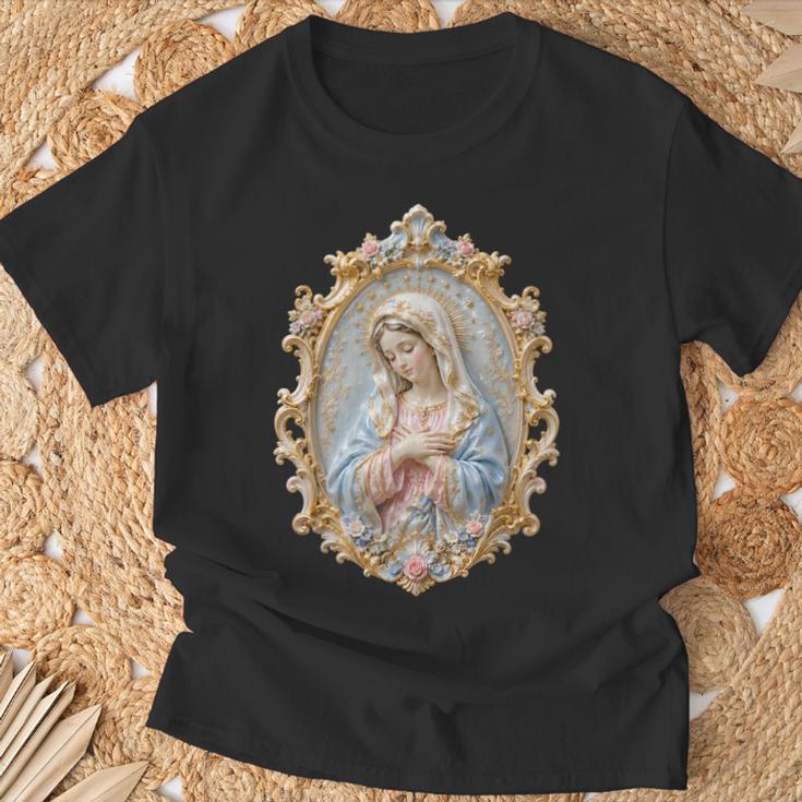 聖母マリア カトリック 祈り 花柄 神聖なアイコン 肖像画 Tシャツ 高齢者への贈り物