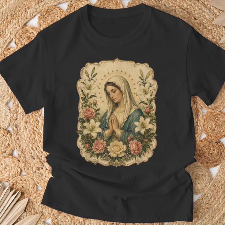 聖母マリアの祈り 花 カトリック 祈り 神聖な芸術 Tシャツ 高齢者への贈り物