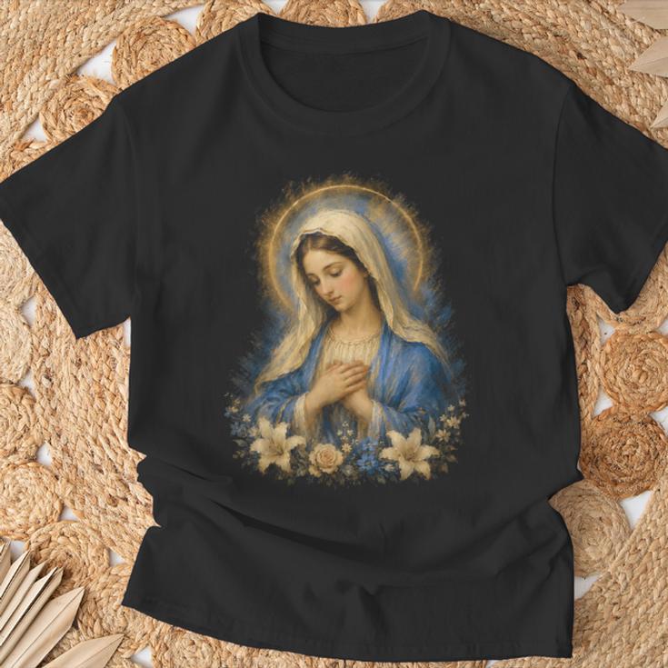 聖母マリアの祈りの肖像画 神聖な花の祈りのアート Tシャツ 高齢者への贈り物