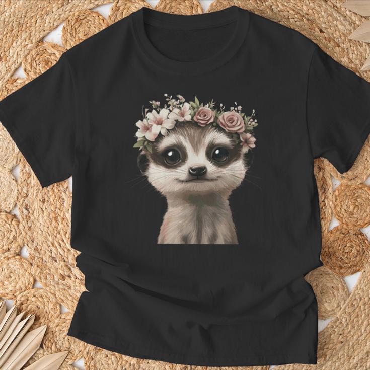 花柄クラウン付きのかわいいミーアキャット Tシャツ 高齢者への贈り物