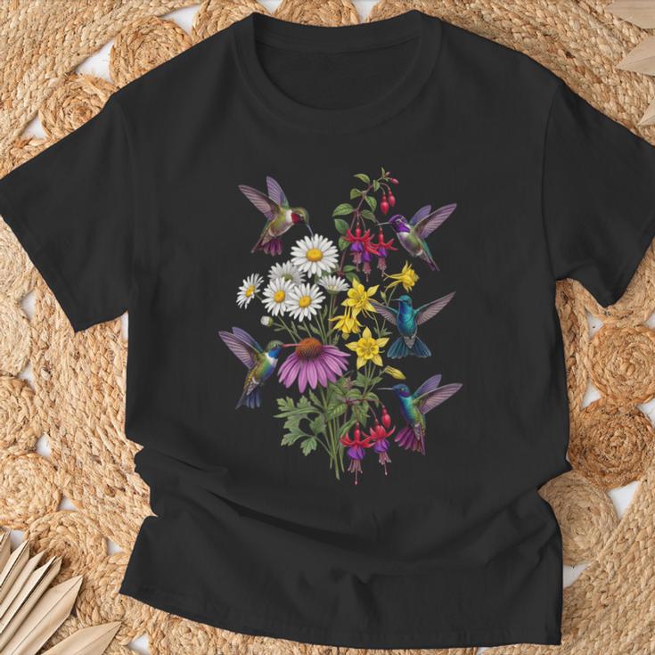 詳細なハチドリと野花ボタニカル。 Tシャツ 高齢者への贈り物