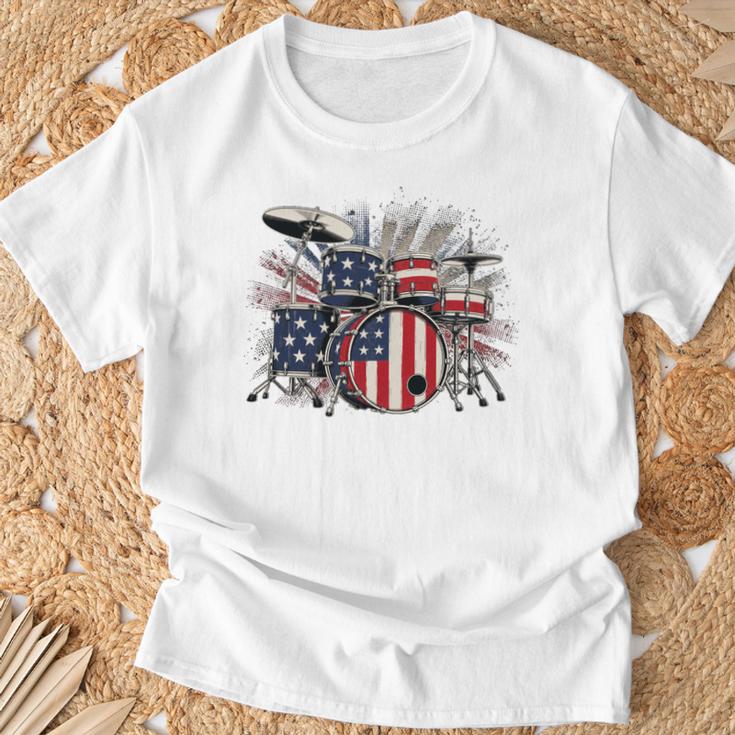 Drum Kit With American Flag Graphic For Musicians T-Shirt Gifts for Old Men