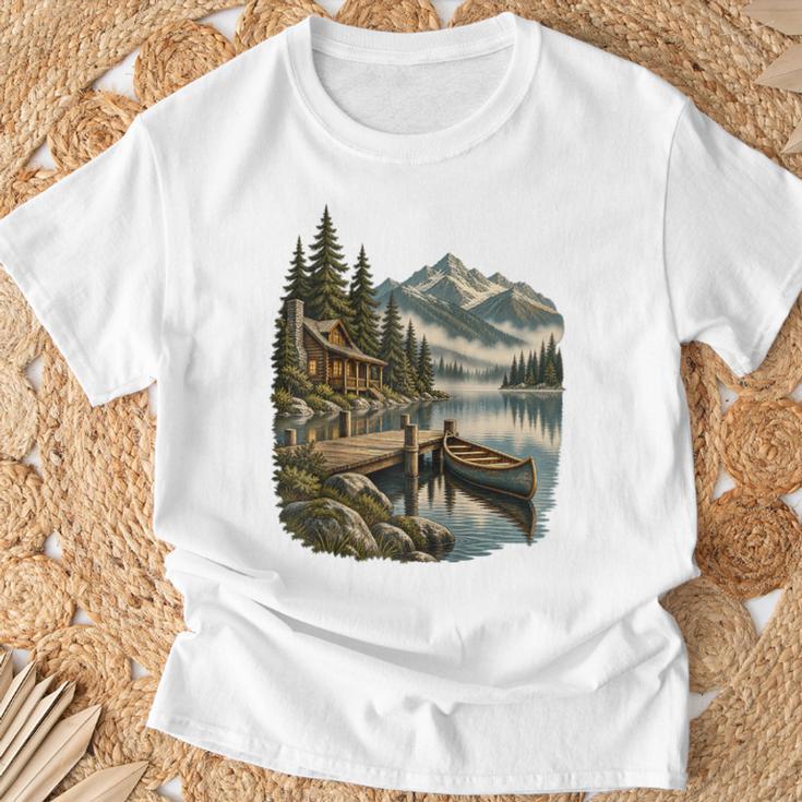 Lakeside Canoe Cabin Escape Scene Raglan Baseball Tee T-Shirt Gifts for Old Men