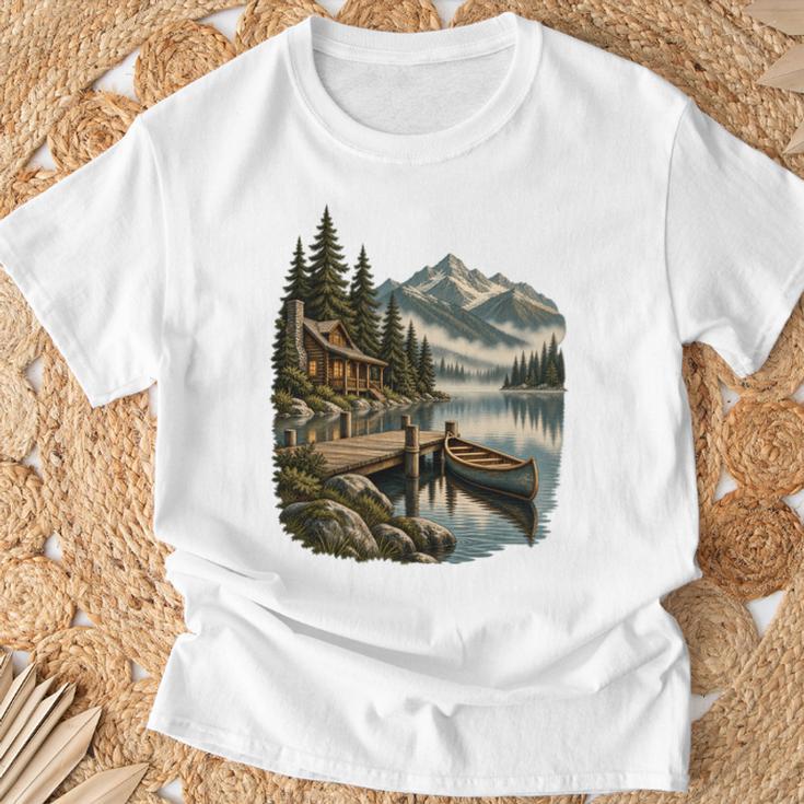 Lakeside Canoe Cabin Escape Scene T-Shirt Gifts for Old Men
