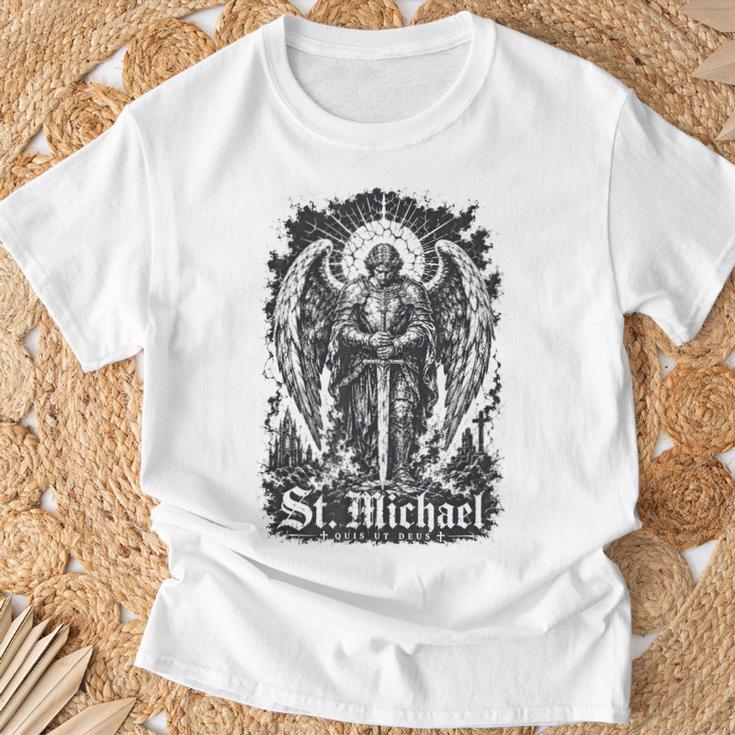 San Miguel Quis Ut Deus Arcángel Protector Camiseta unisex Regalos para ancianos