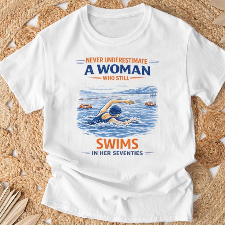 Swimming Never Underestimate A Woman Swim In Her Seventies T-Shirt Gifts for Old Men Swimming Never Underestimate A Woman Swim In Her Seventies T-Shirt Gifts for Old Men