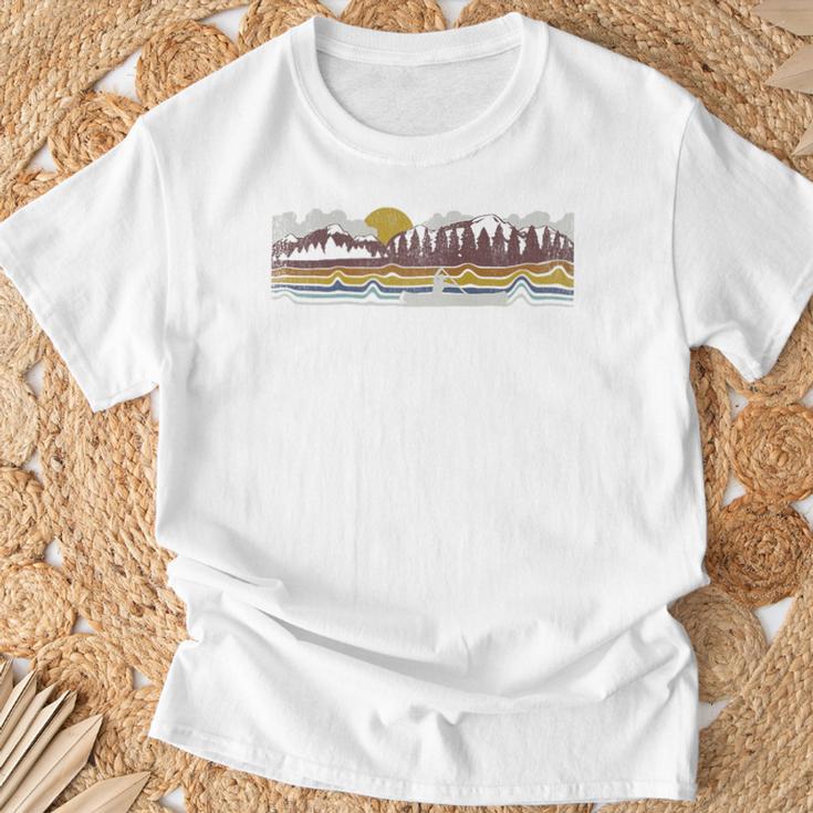 Trendy Canoe Silhouette Colourful Landscape Raglan Baseball Tee T-Shirt Gifts for Old Men