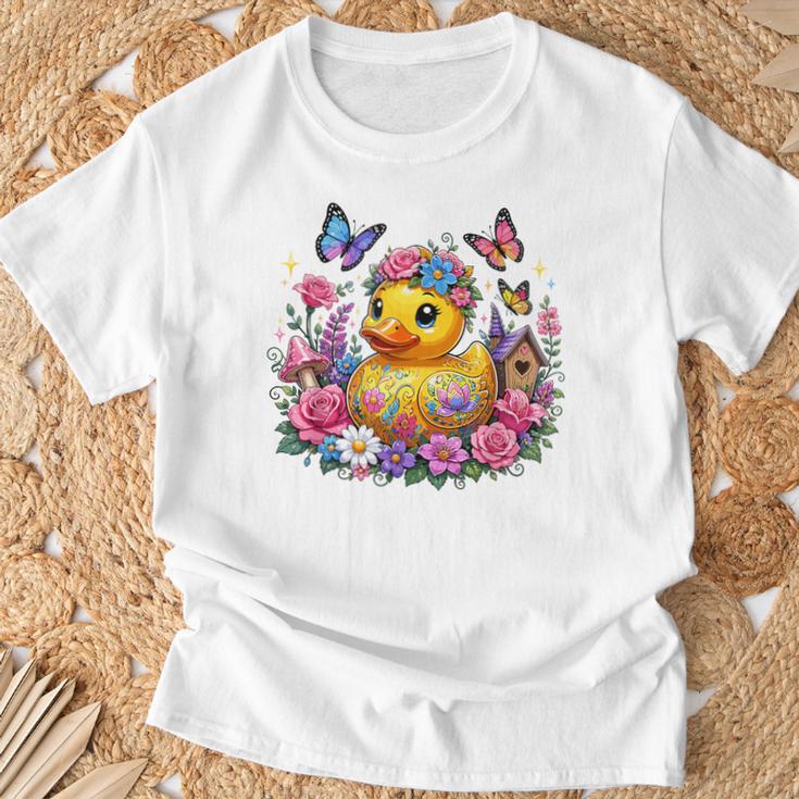 黄色いアヒルのイースター蝶の花のシー Tシャツ 高齢者への贈り物