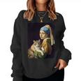 Girl With A Pearl Earring And A Cat 名画パロディ アート猫 長袖tシャツ レディーススウェットシャツ