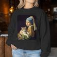 Girl With A Pearl Earring And A Cat 名画パロディ アート猫 長袖tシャツ レディーススウェットシャツ 面白い贈り物