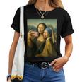 女の子の真珠のイヤリングを持つモナリザの自撮り面白いアート レディースTシャツ