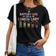 学校給食のおばあちゃんの電池寿命面白いカフェテリアワーカー レディースTシャツ