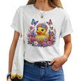 黄色いアヒルのイースター蝶の花のシー レディースTシャツ