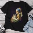 Girl With A Pearl Earring And A Cat 名画パロディ アート猫 長袖tシャツ レディースTシャツ 面白い贈り物