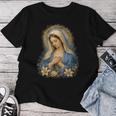 聖母マリアの祈りの肖像画 神聖な花の祈りのアート レディースTシャツ 面白い贈り物