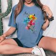 花 カラフル アート 描画 抽象 グラフィック 花 レディースオーバーサイズコンフォートTシャツ Blue Jean