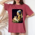 Girl With A Pearl Earring And A Cat 名画パロディ アート猫 長袖tシャツ レディースオーバーサイズコンフォートTシャツ Crimson