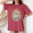 聖母マリア カトリック 祈り 花柄 神聖なアイコン 肖像画 レディースオーバーサイズコンフォートTシャツ Crimson
